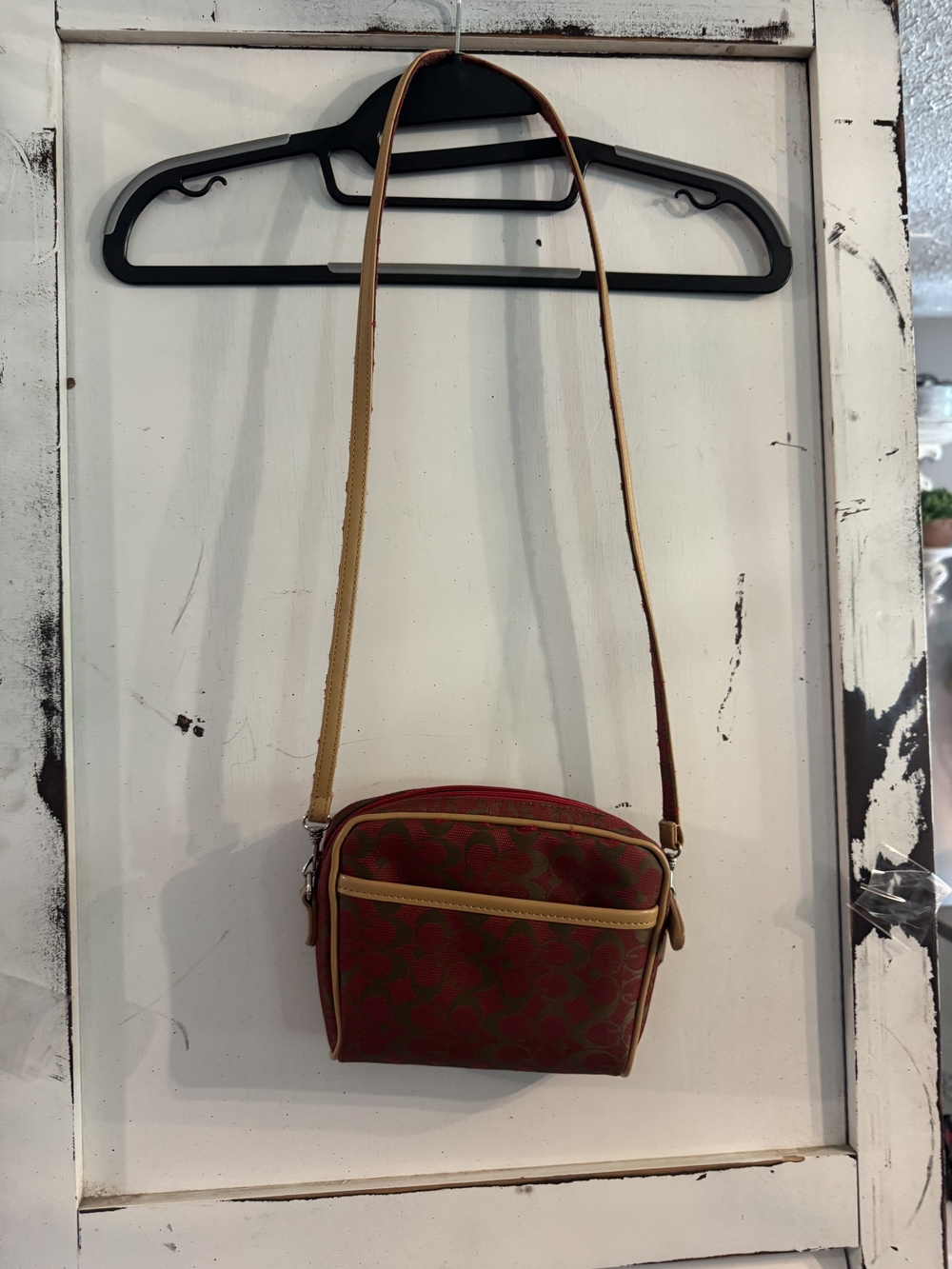 Signature-Print Red Crossbody Bag with Tan Trim - Picture 4 of 5